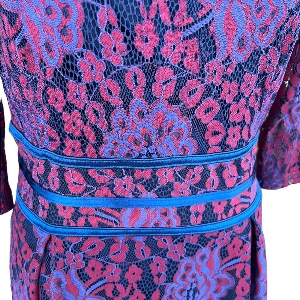 MIUSOL red/blue lace lined fit and flare midi dress w/ elbow length sleeves sz M - Picture 4 of 8